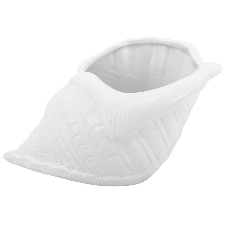 White ceramic planter shaped like a conch shell, with ribbed and pebbled texture, on a white background