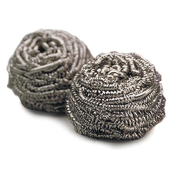 Two coiled stainless steel scrubbies, on white