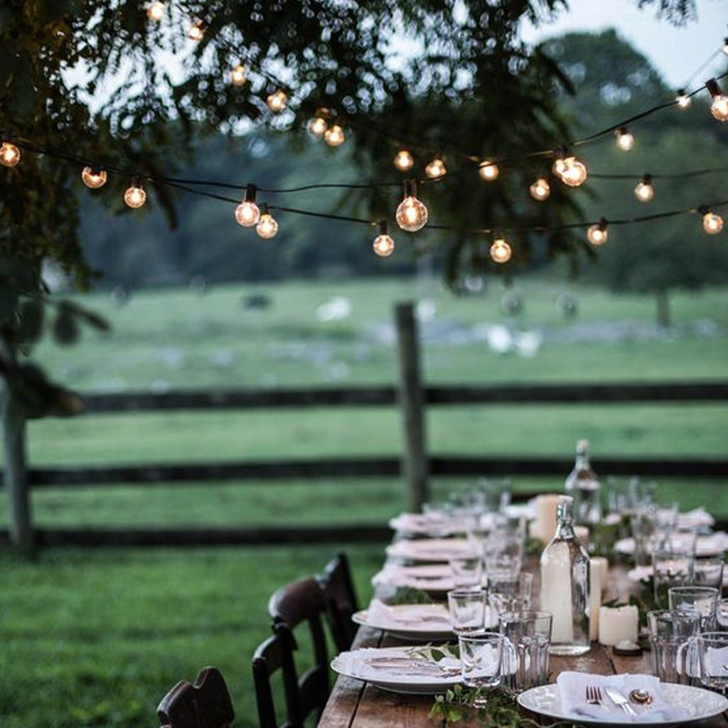 Indoor festoon lights draped along a wall for warm ambient lighting