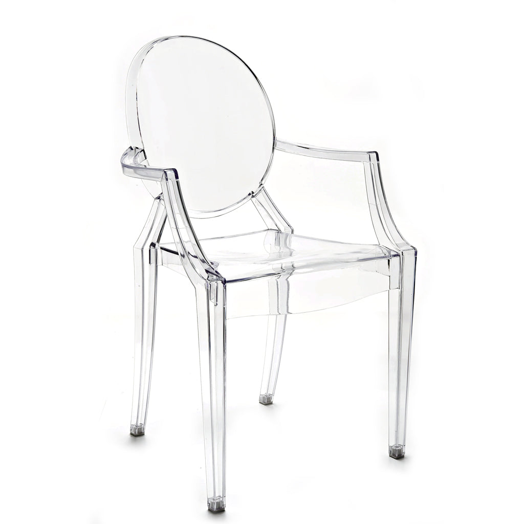 Clear acrylic armchair with an oval back and curved arms, seen at a three-quarter angle on white