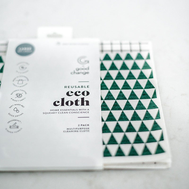 A package of Good Change ECO CLOTH - LARGE (2-PACK) with green triangles, perfect for eco-friendly cleaning.