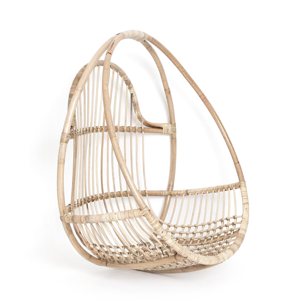 Natural rattan hanging chair, the open cane frame curving into a deep seat