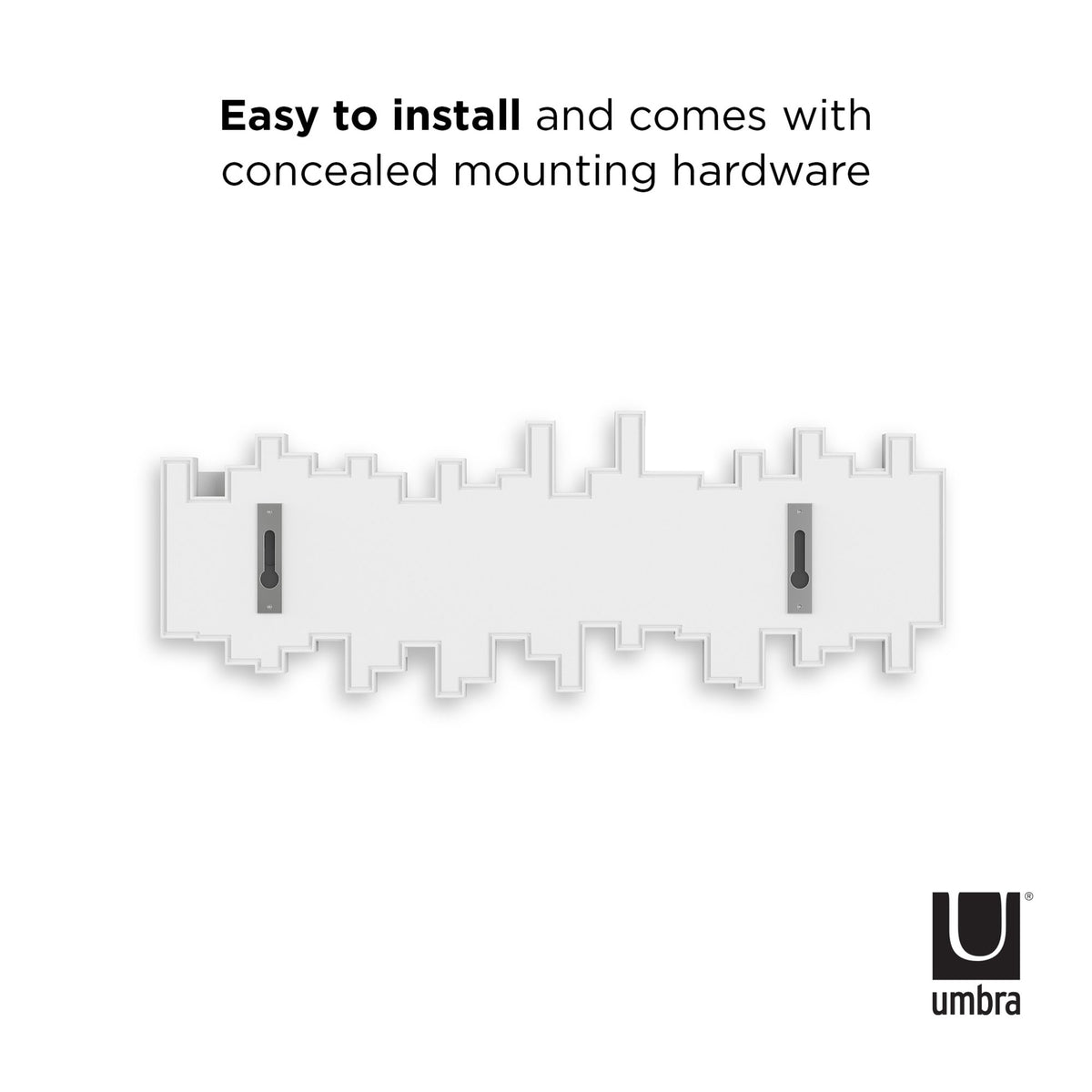 Umbra Sticks multi hook rack in white, easy to install with concealed mounting hardware