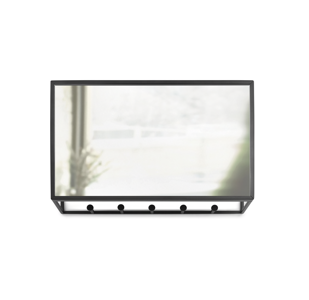Umbra Cubiko mirror and organiser in black, showing the hidden shelf behind the mirrored front.