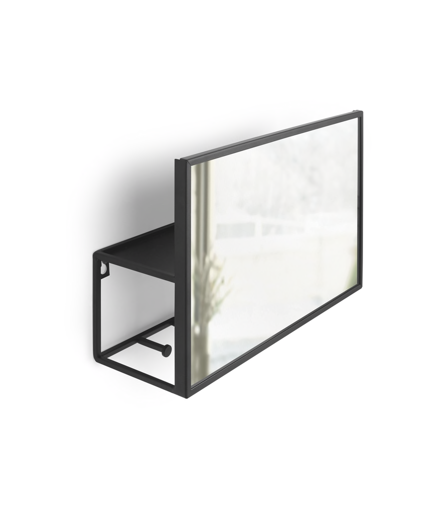 Front view of the Umbra Cubiko organiser in black, showing the mirrored panel and slim steel frame.