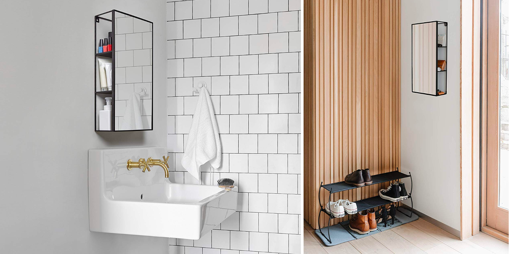 Umbra Cubiko mirror and storage unit in a tiled bathroom and beside an entry door