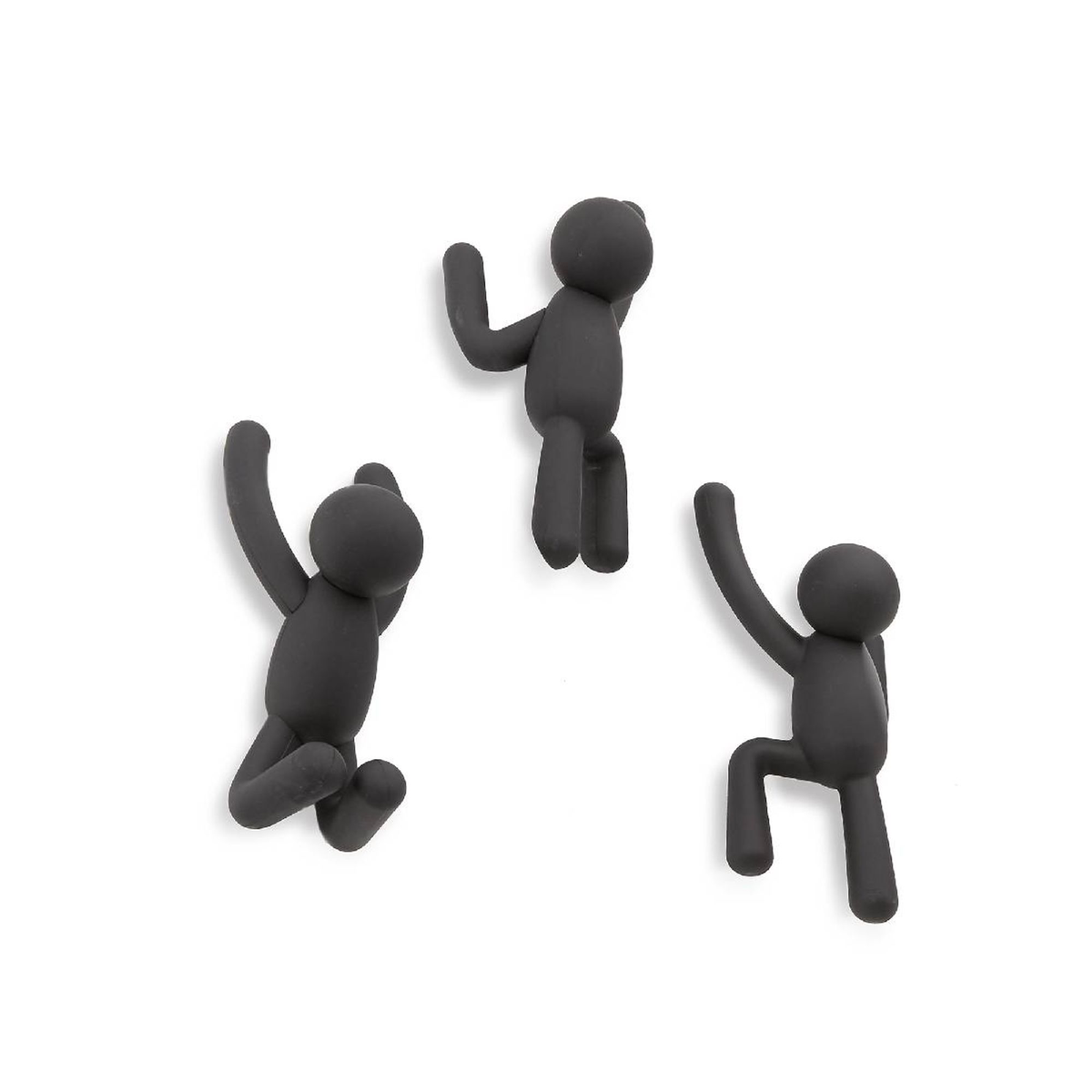 Three Umbra Buddy hooks in black, figure-shaped wall hooks in climbing poses