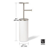 An Umbra Portaloo Toilet Paper Stand - White/Nickel with measurements.
