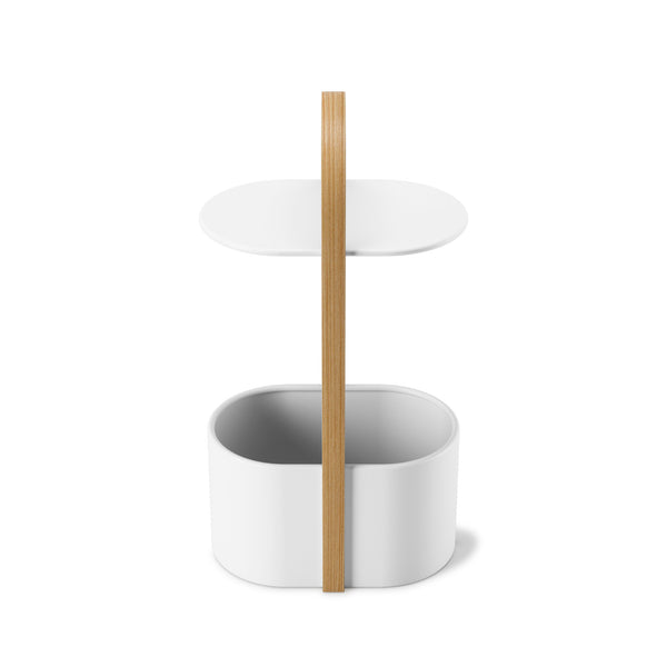 Umbra Bellwood storage table in white and natural seen from above at an angle, bin below