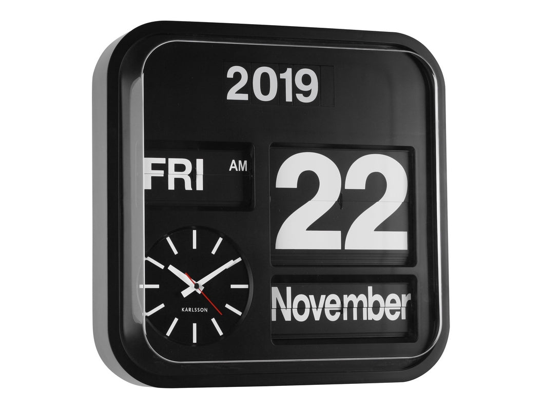 Karlsson Big Flip calendar clock in black, 43cm square retro station style wall clock