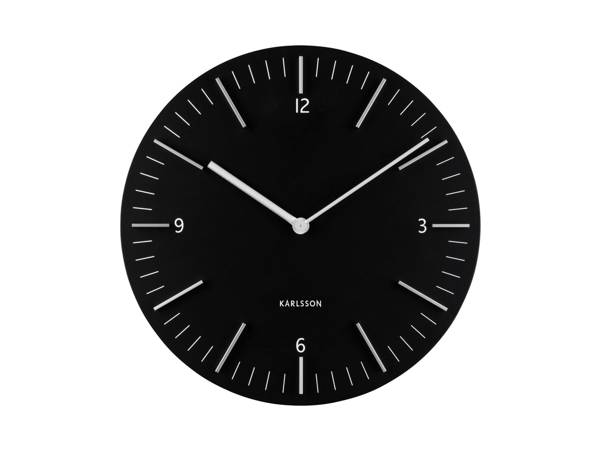 Detailed wall clock in black, front view with silver hands