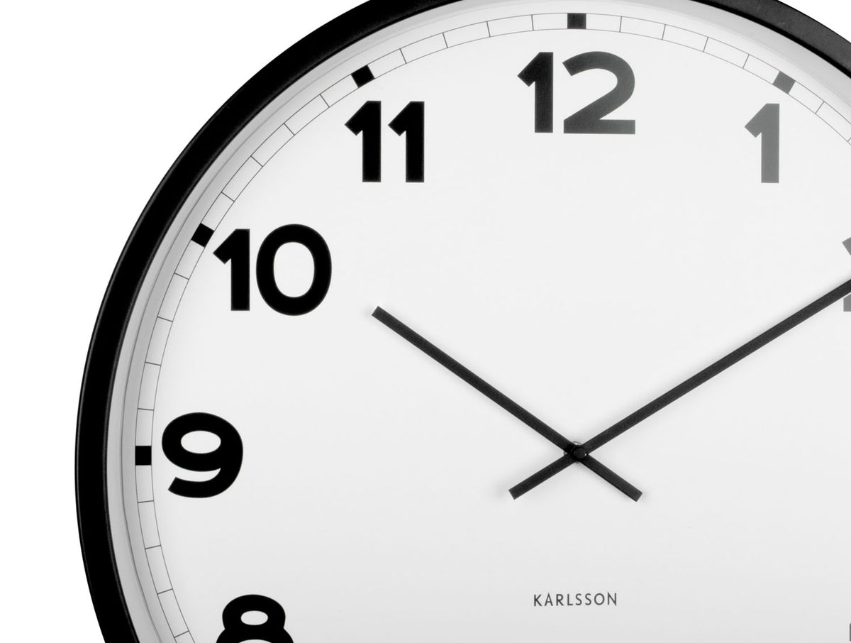 Close-up of the white New Classic dial with bold black numerals and slim hands