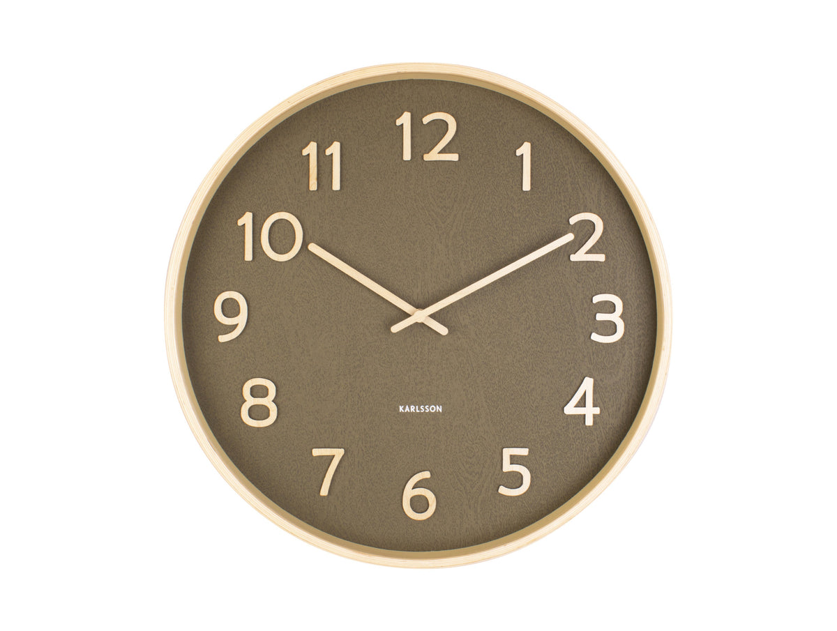 Karlsson Pure Wall Clock in moss green on a white background