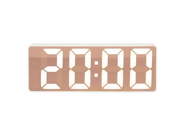 A white background showcases an innovative pink LED Karlsson Alarm Mirror clock.