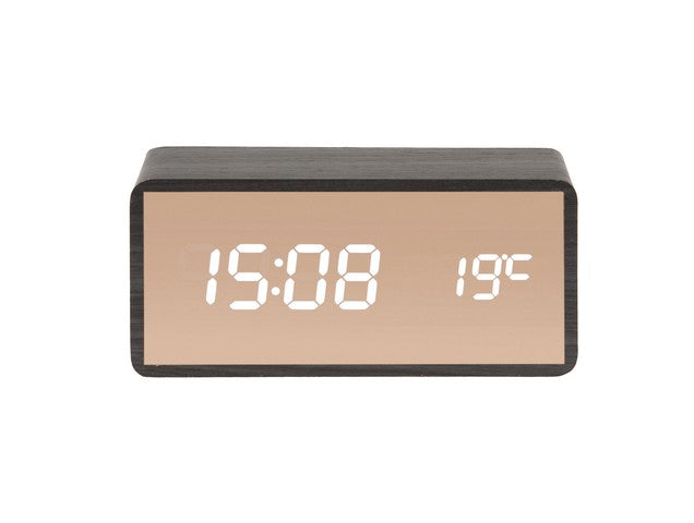 A Karlsson Alarm Mirror LED clock with a digital display on a white background.