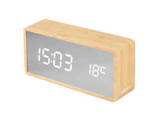 A Karlsson Alarm Mirror LED clock with an innovative wooden design and a digital display.