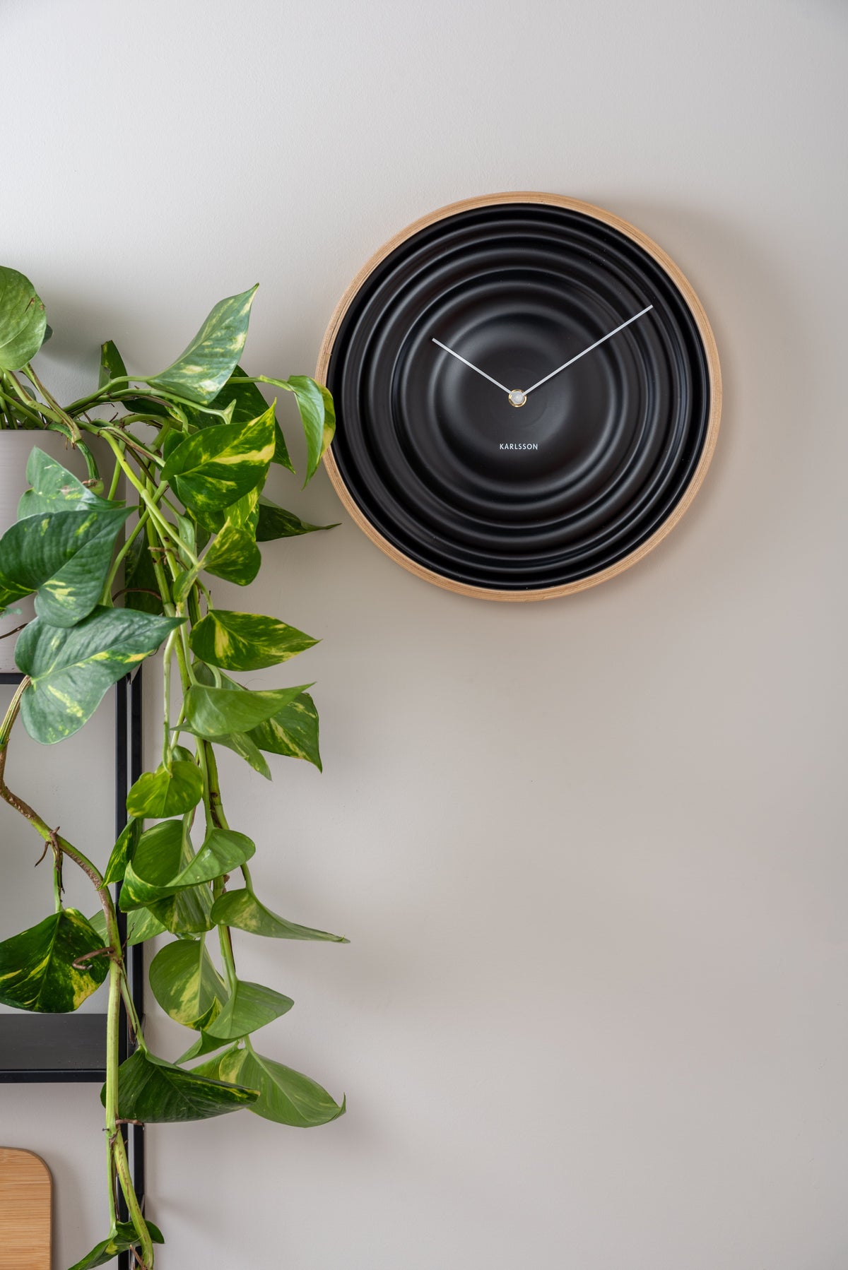 Black Scandi Ribble wall clock on a pale wall beside a trailing green plant