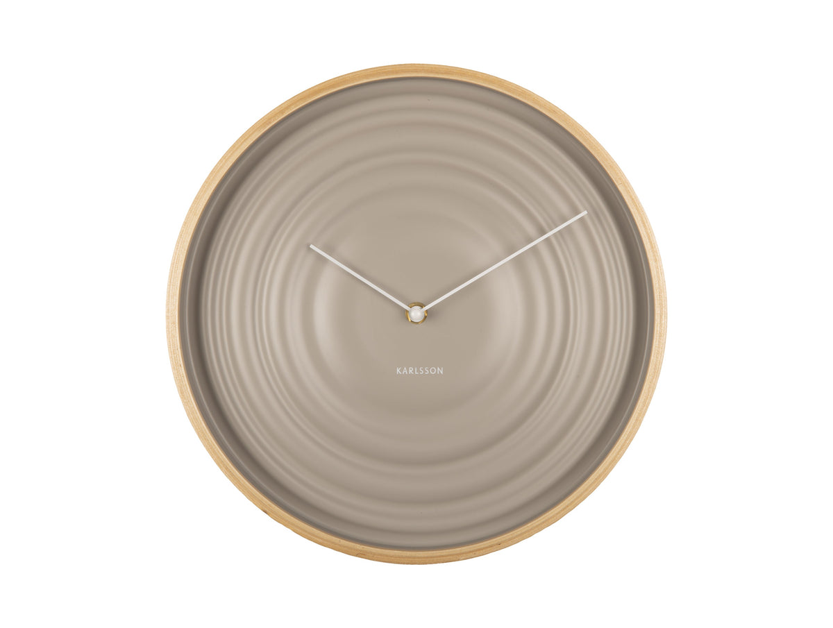 Grey Scandi Ribble wall clock with a light timber rim, front view on white