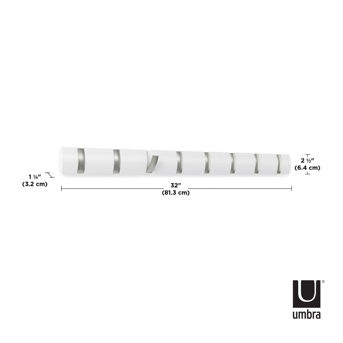 An Umbra Flip 8 Hook White wall sconce with retractable hooks.