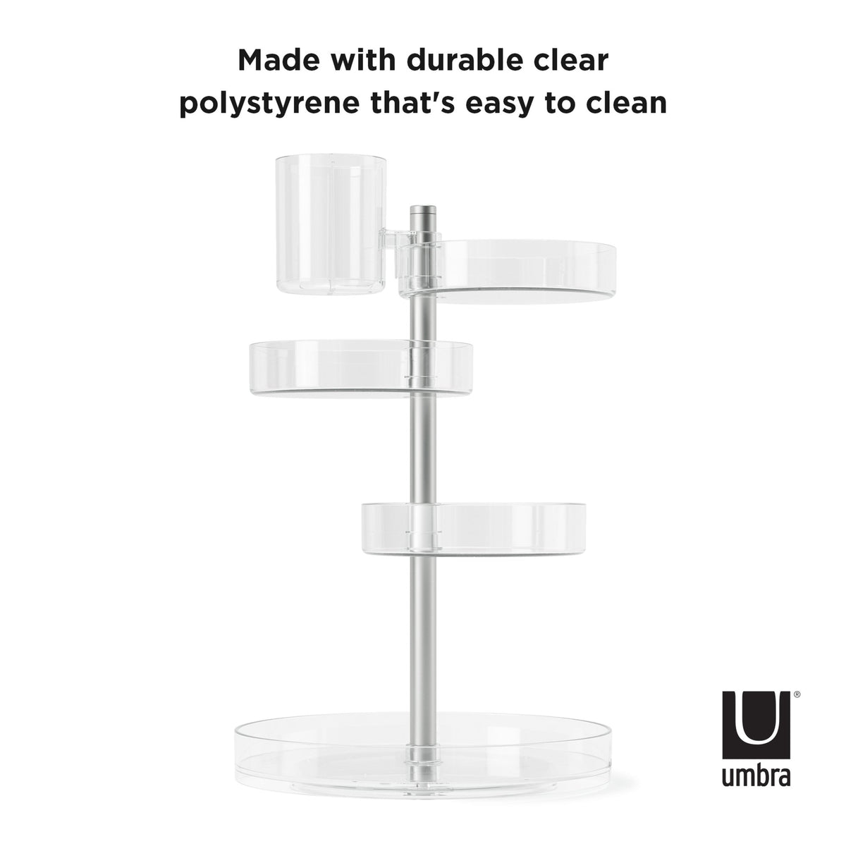 Umbra Pirouette organiser made from durable clear polystyrene that wipes clean