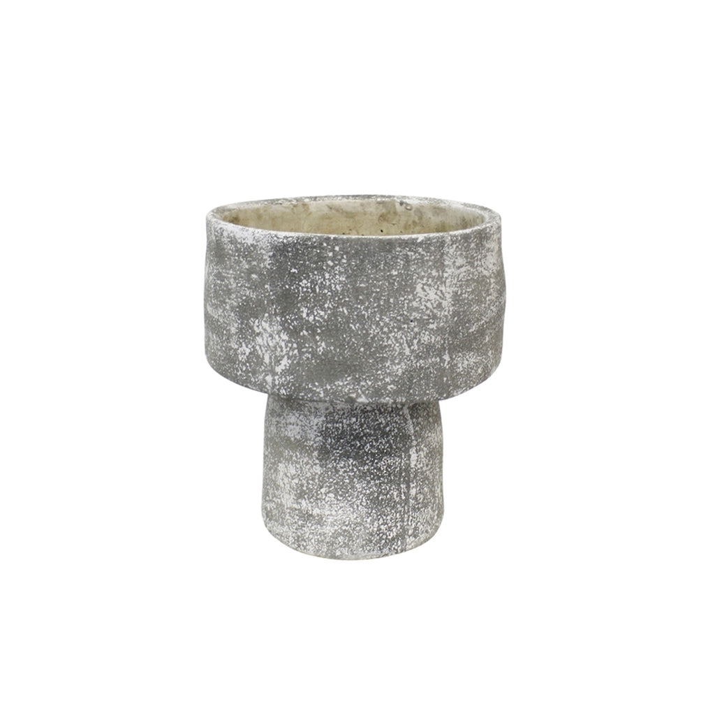 Grey wash cement mushroom planter seen straight on, showing the mottled lime washed finish