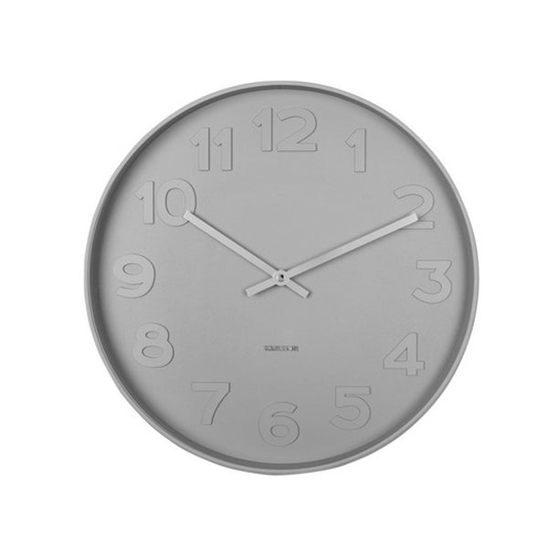 A minimalist Scandinavian wall clock by Karlsson featuring Mr. Grey Numbers on a white background.