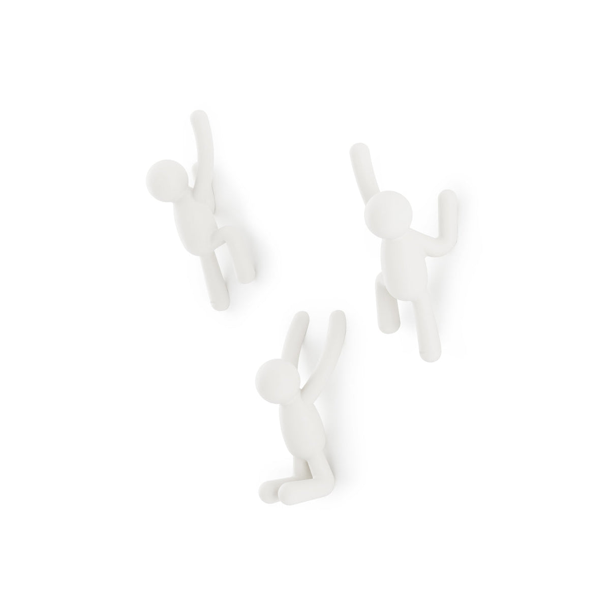 Three Umbra Buddy hooks in white arranged on a wall, each in a different pose