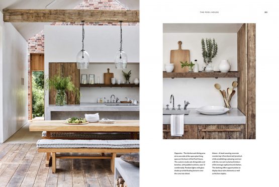 A page from a "For The Love Of White: The White & Neutral Home" book, showing a kitchen with wooden beams.