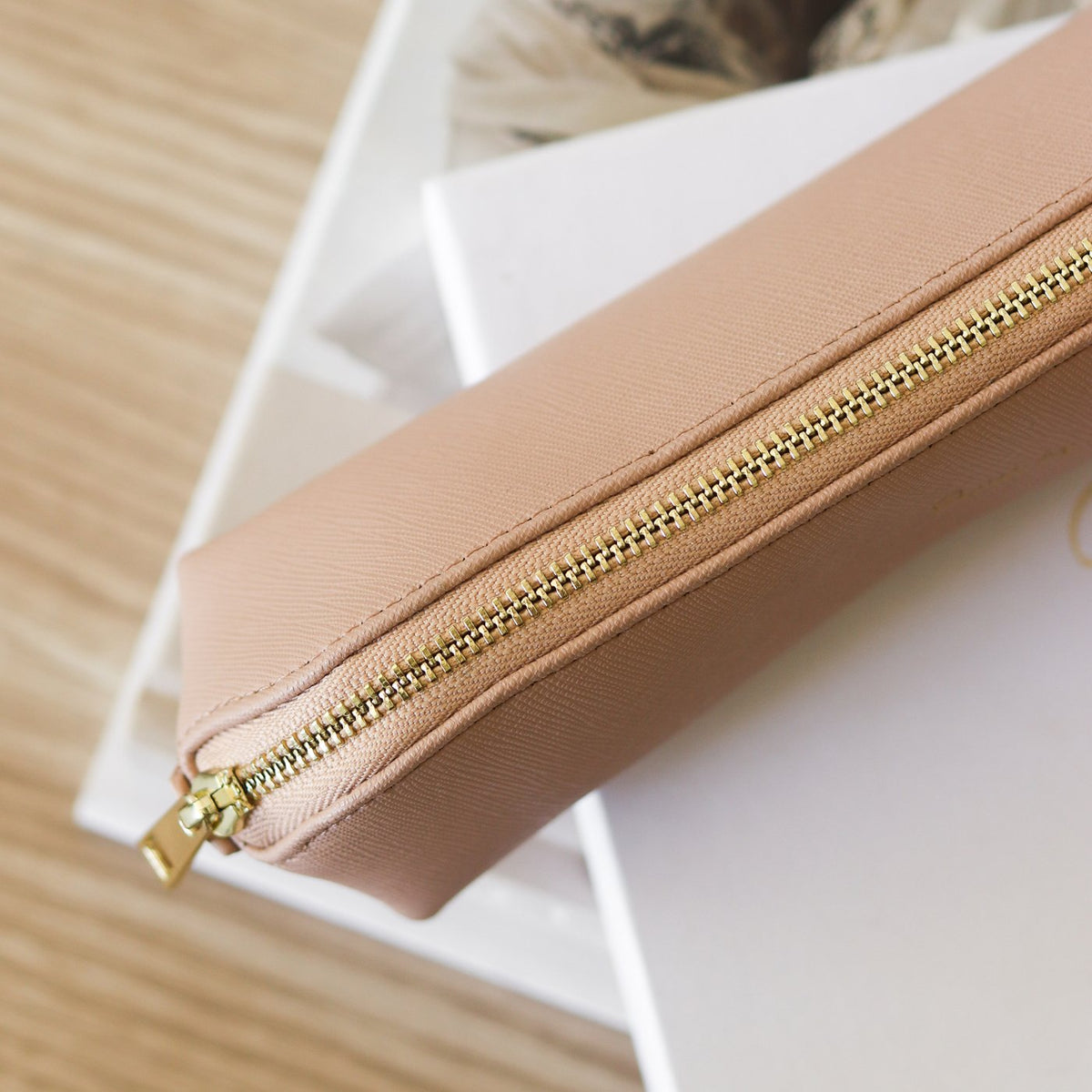 Pink Saffiano Leather Pencil Case – Gold Hardware
