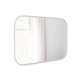 A sleek Hub Rectangle Mirror - White from the Umbra range adds elegance to a room adorned with curtains.