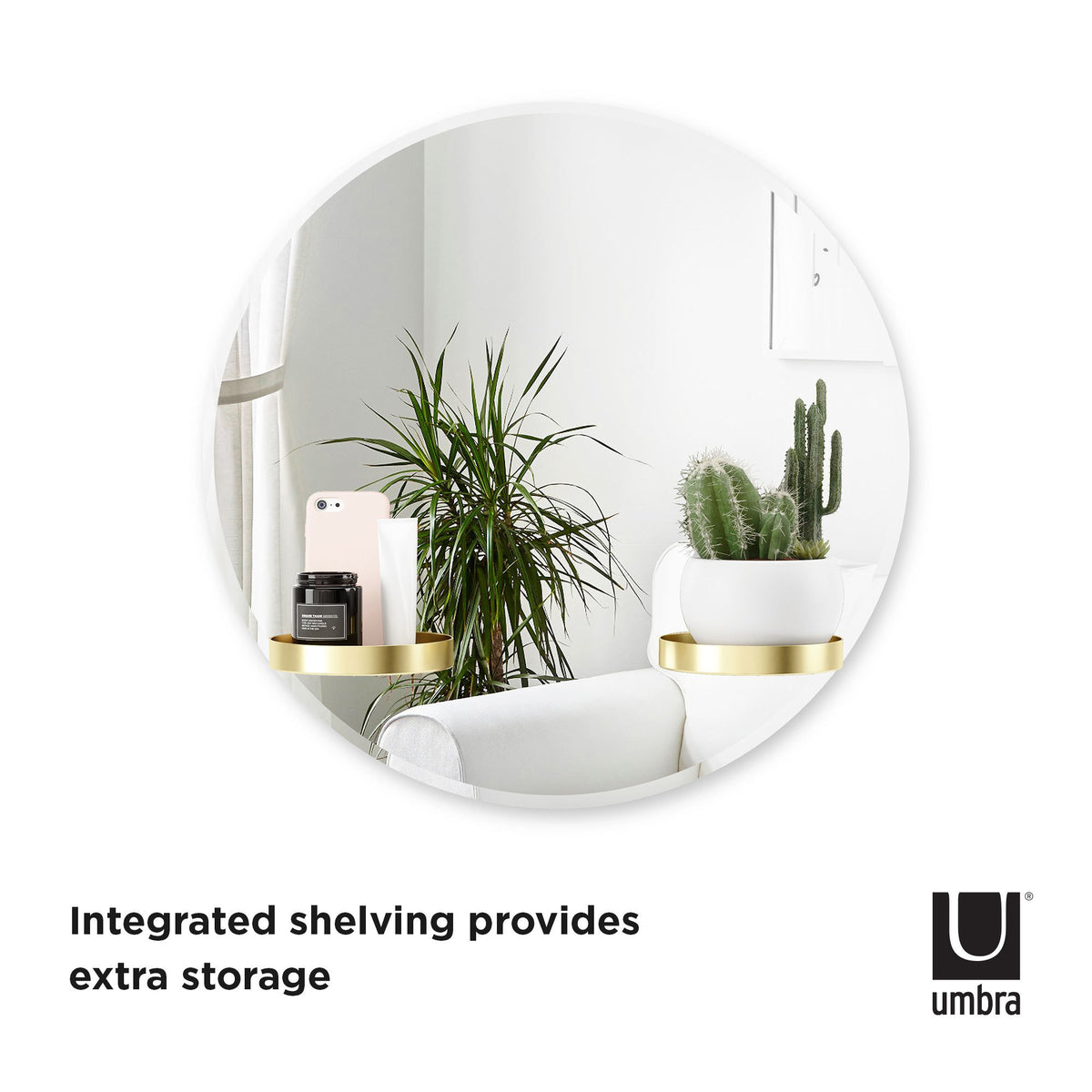 Umbra Perch round mirror with integrated brass shelving for extra storage