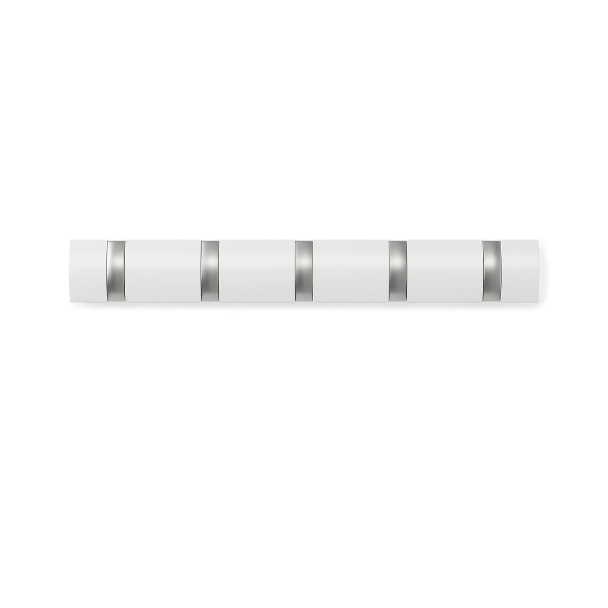 An Umbra Flip 5 Hook White shelf with a silver stripe on it, featuring space-saving functionality.