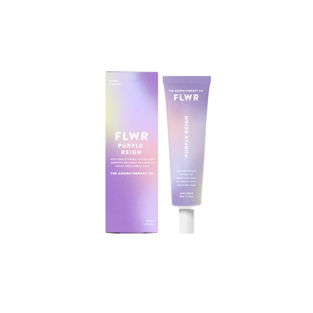 FLWR Purple Reign hand cream tube beside its lilac box on a white background