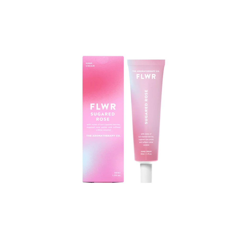FLWR Sugared Rose hand cream tube beside its pink box on a white background