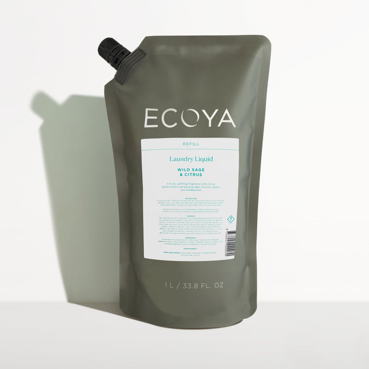 Ecoya Wild Sage and Citrus laundry liquid refill pouch, 1 litre, on a plain background