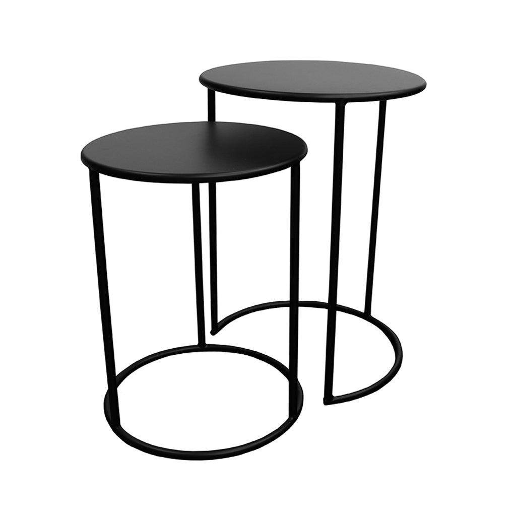 Trang nest of tables, two round black iron tables with open ring bases