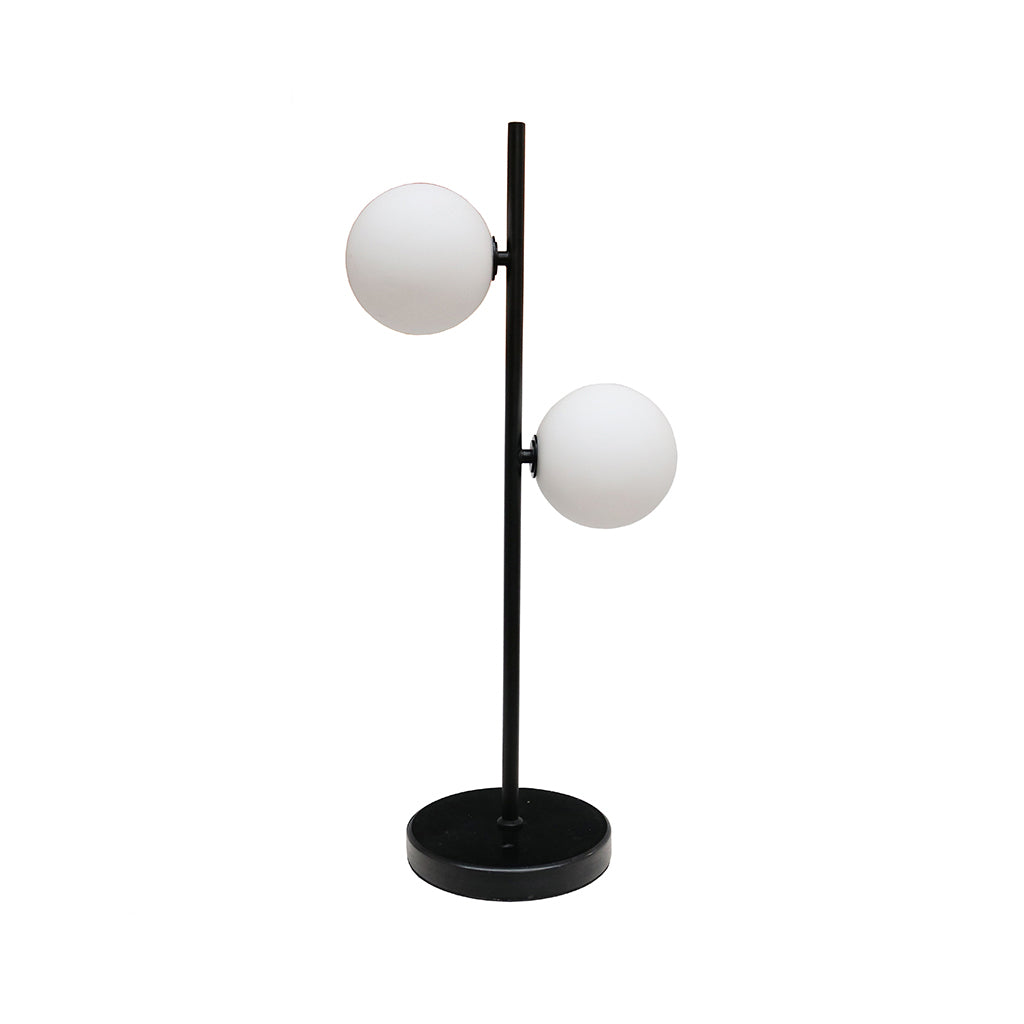 Sonata table lamp with two opal glass globes offset on a slim black stem and round disc base