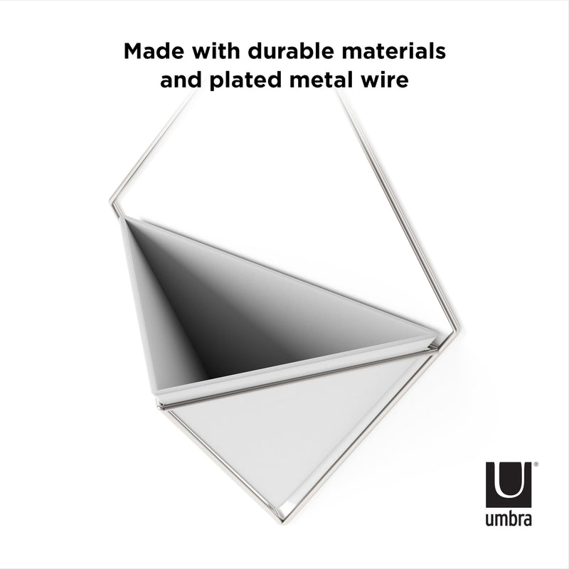 A black and white image showcasing Umbra's Trigg Wall Vessel | Large - White/Nickel, decorative vessels made with double materials and plated metal wire.