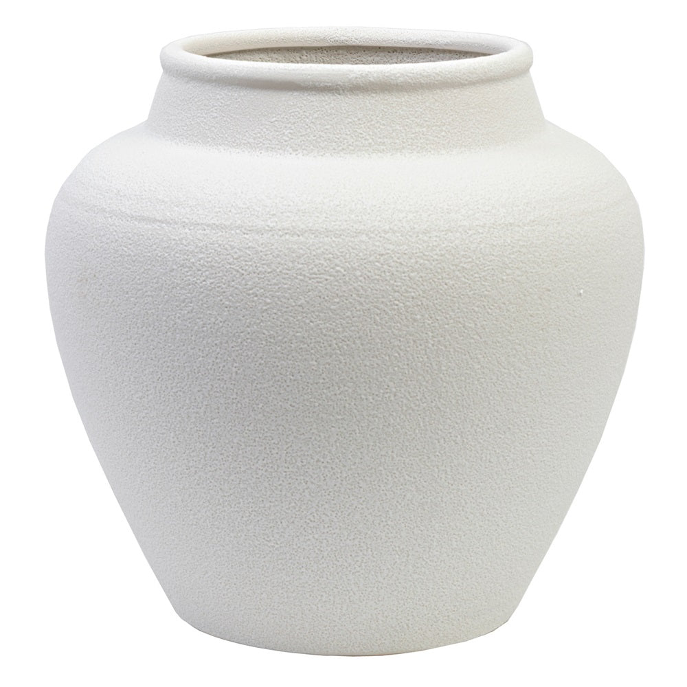 White ceramic urn planter with a rounded body, tapered neck and rolled rim, on a white background