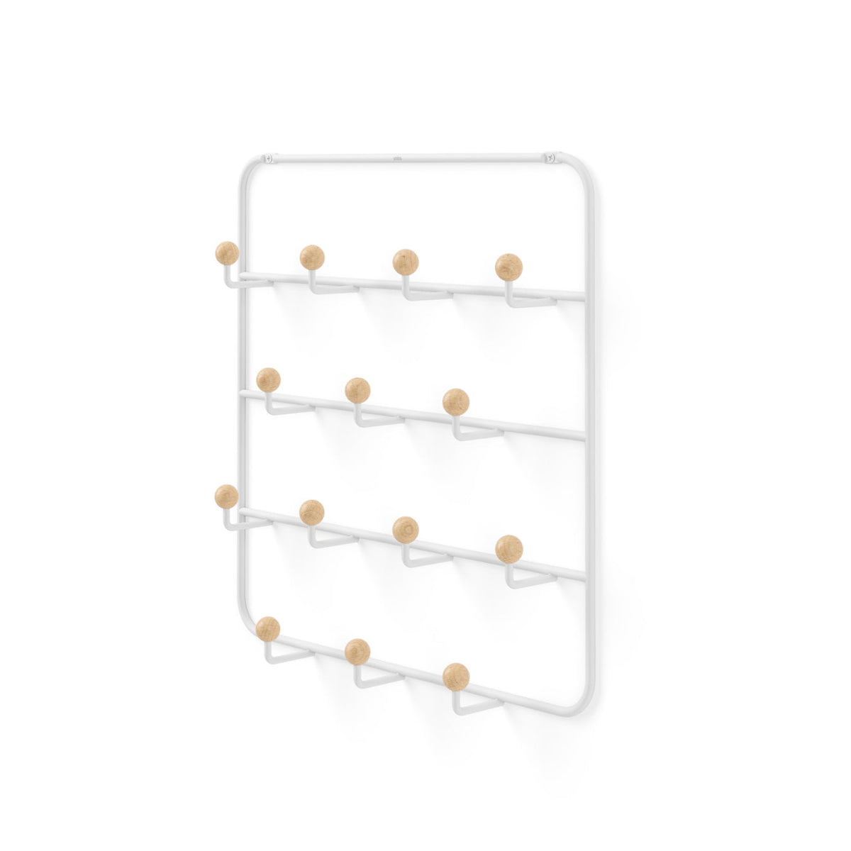 Umbra Estique organiser in white at an angle, four rows of wooden ball hooks