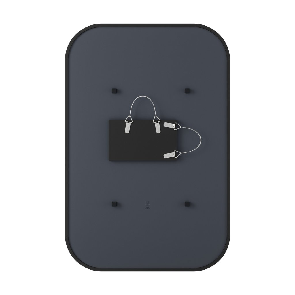 An Umbra Hub Mirror - Rectangle 61X91" Black with a black bag attached to it, ideal for holding phones and other small items.