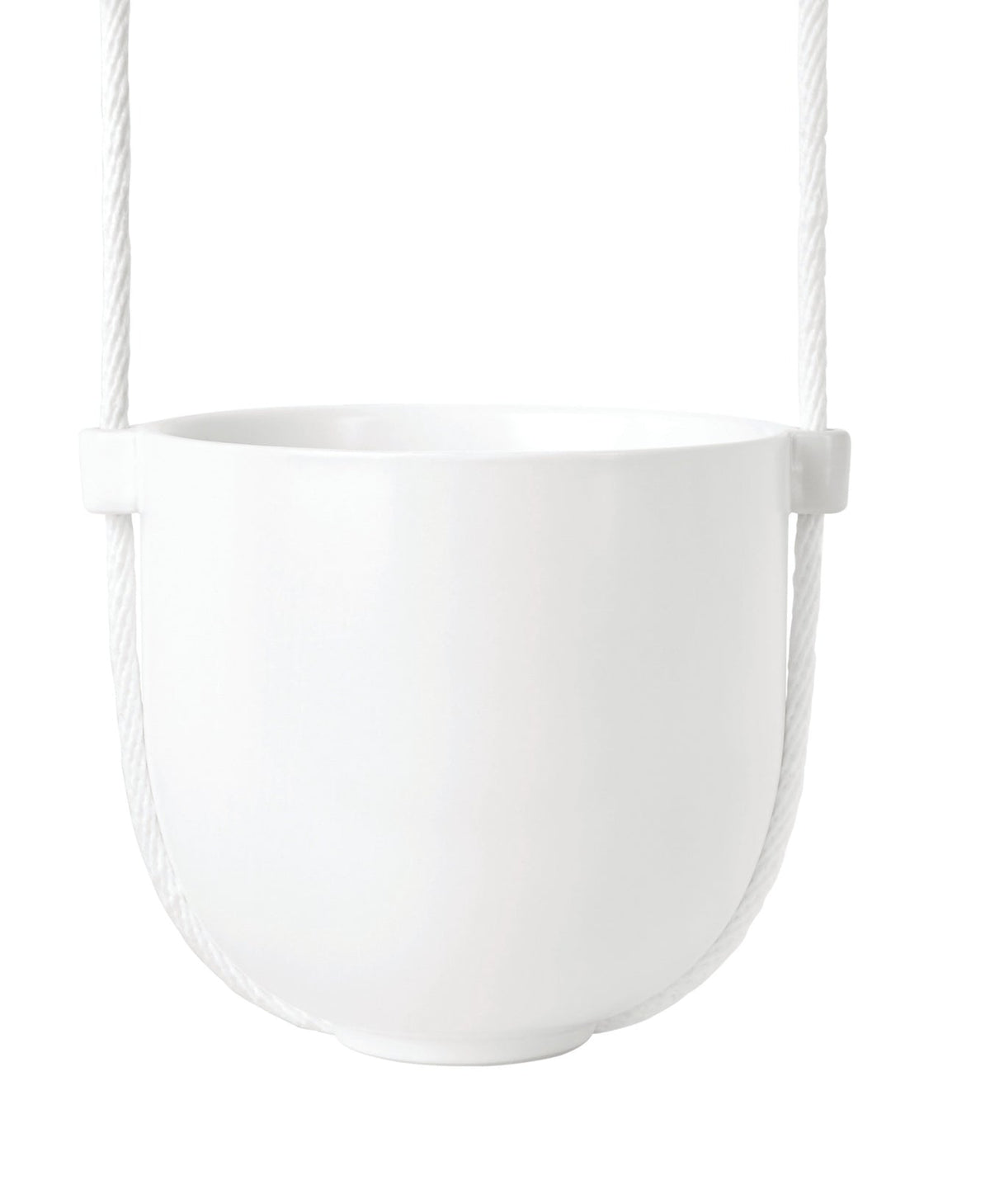 A Bolo Planter - Black hanging from a rope on a white background, resembling an Umbra.