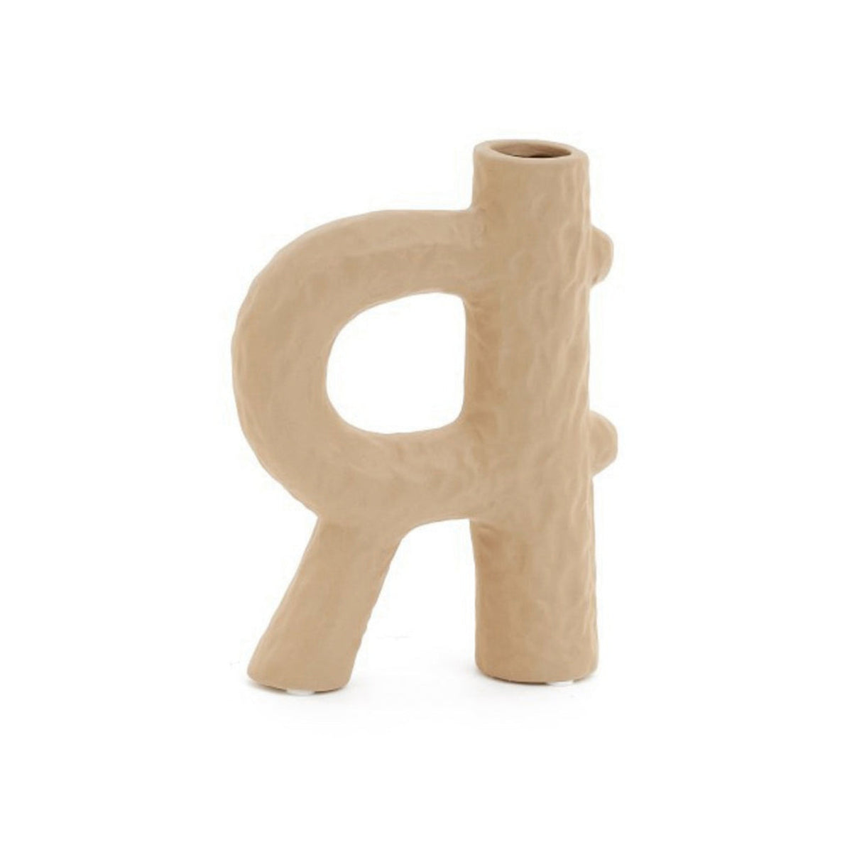 Weir vase in sand toned ceramic, a slim spout beside an open looped arch with a pinched surface
