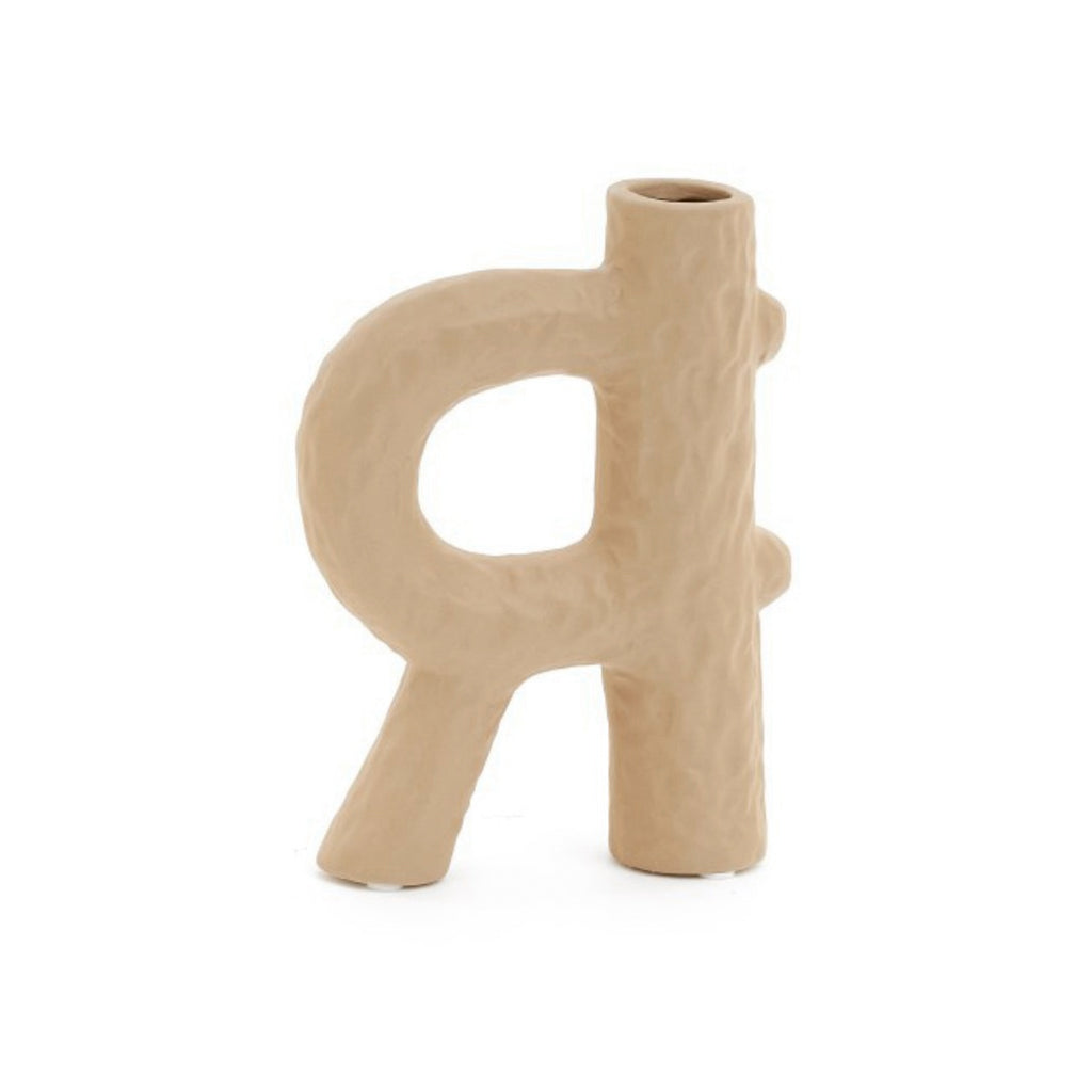 Weir vase in sand toned ceramic, a slim spout beside an open looped arch with a pinched surface