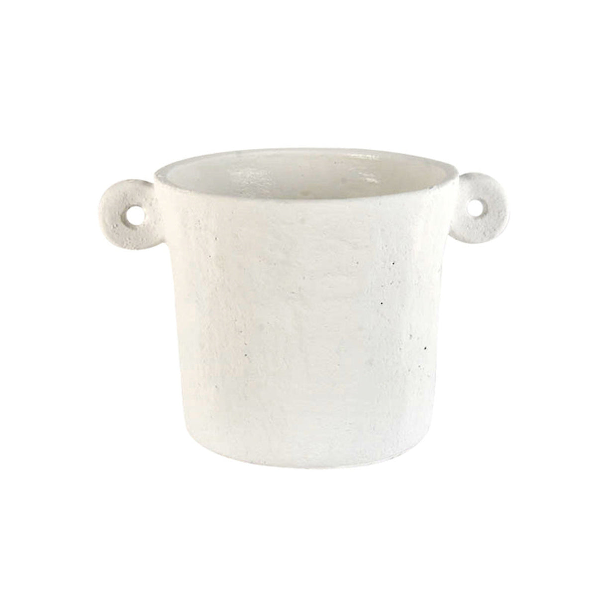 Side handle cement planter in white with two small ring handles, on white