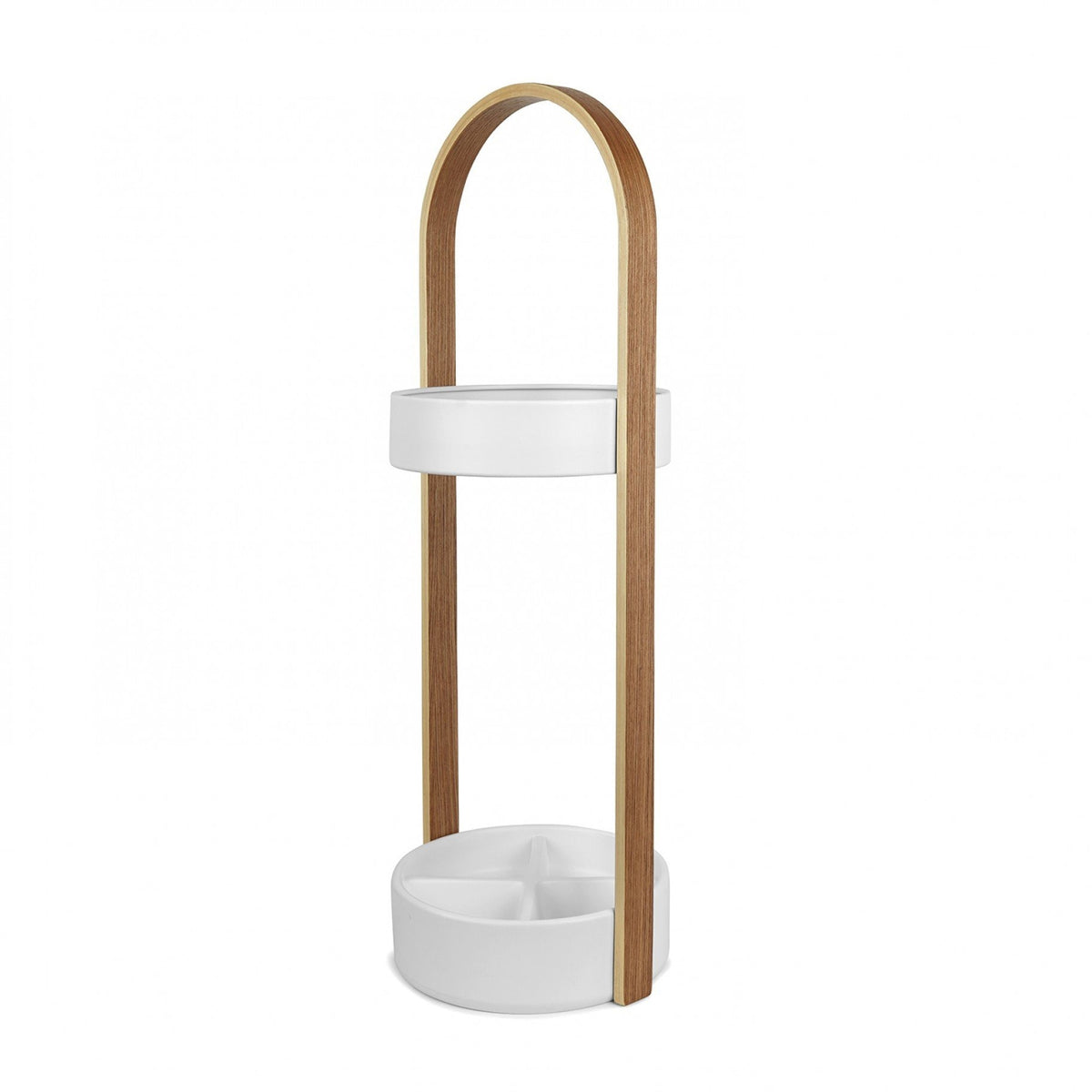 Umbra Bellwood white umbrella stand in an entryway