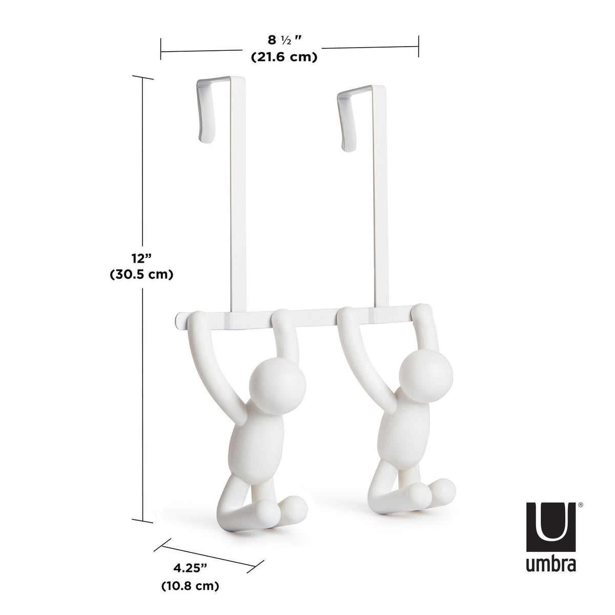 Close view of the two white Buddy figures on the Umbra double hook