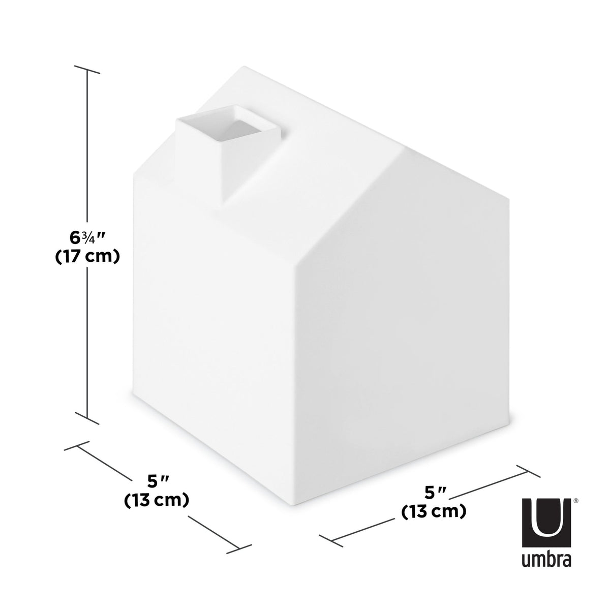 Umbra Casa tissue box cover dimension diagram, 13 x 13cm base and 17cm high