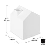 An Umbra Casa Tissue Box Cover White with measurements on it.