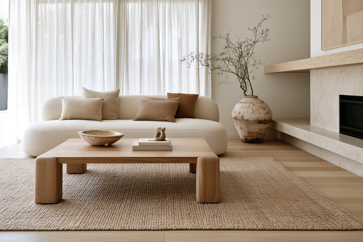 Cream boucle sofa with linen and rust cushions, an oak coffee table with a carved bowl, and a jute rug by a stone fireplace.